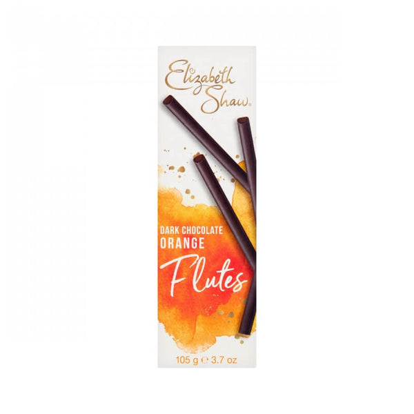 BEST BY SEPTEMBER 2024: Elizabeth Shaw Dark Chocolate Orange Flutes (HEAT SENSITIVE ITEM - PLEASE ADD A THERMAL BOX TO Ythe ORDER TO PROTECT Ythe ITEMS) 105g