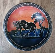 African Hut Soapstone Bowl Size 1 (4")  Buffalo Animal Scene 307g